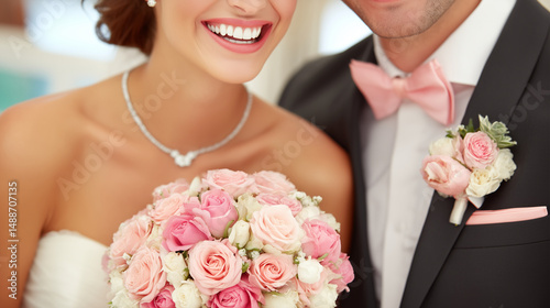 Smiling bride and groom holding wedding bouquet