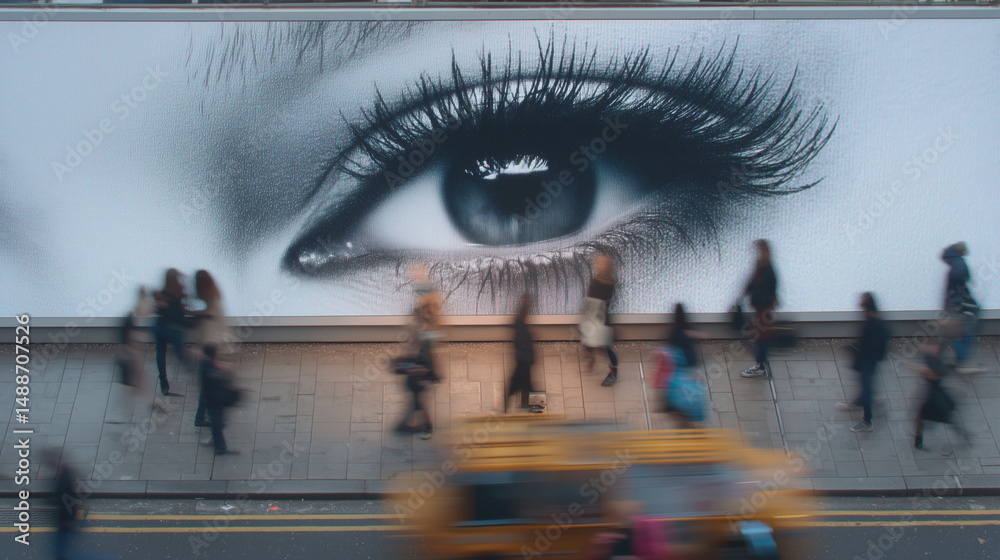 Busy city street with billboard featuring large eye artwork