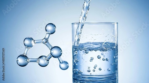 Water molecules and a glass of liquid water.
