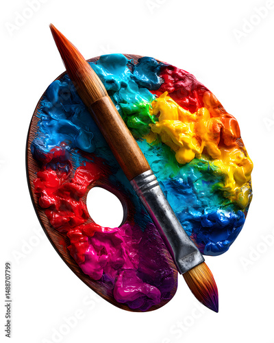 Abstract watercolor palette with paintbrush dipped in hues isolated on transparent background