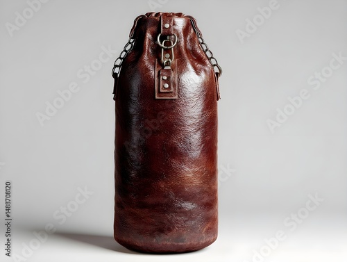 Channel power training with heavy brown leather punching bag captured front on industrial gym floor