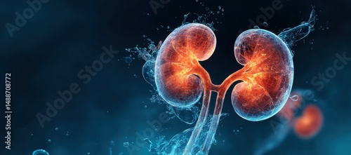 3D rendering of glowing human kidney on blue background, medical concept
