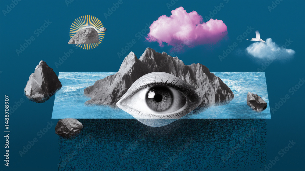 Surreal collage with eye, floating mountains, and clouds on a blue background