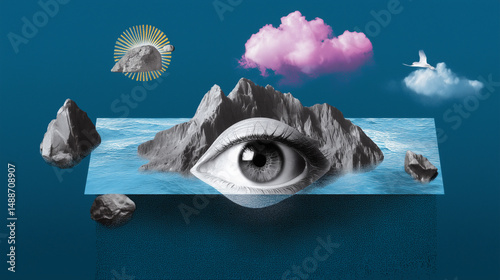 Obraz na płótnie Surreal collage with eye, floating mountains, and clouds on a blue background w salonie