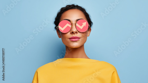 Confident woman wearing sunglasses with upward growth arrows