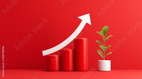 Obraz na płótnie Business growth concept with upward arrow and plant on red background w salonie