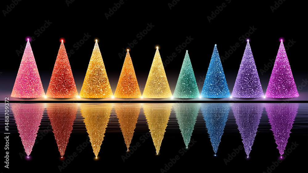 Colorful illuminated Christmas trees with reflection on black background