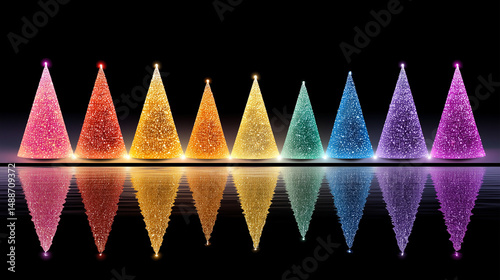 Obraz na płótnie Colorful illuminated Christmas trees with reflection on black background w salonie