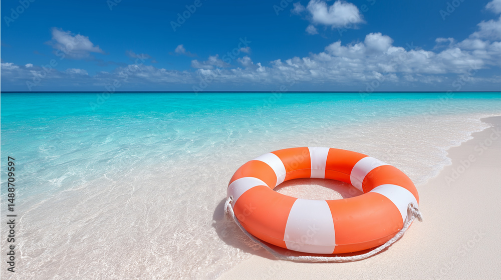 Lifebuoy on tropical beach with turquoise sea and white sand
