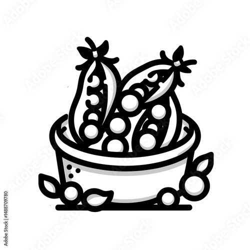 Fresh green peas in a bowl with leaves and decorative elements  