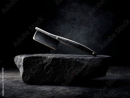 Achieve Flawless Shaves With A Polished Pewter Straight Razor Resting On A Misty Charcoal Surface