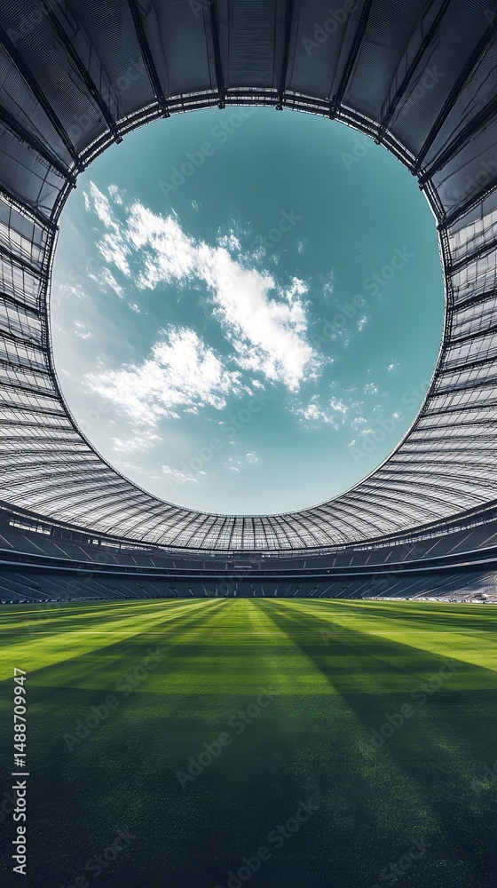 Fototapeta premium Aerial view of football stadium with green grass and blue sky perfect for sports and event photography