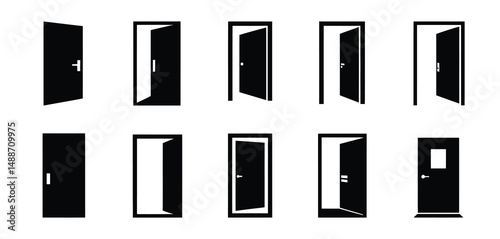 Collection of Black and White Door Icons Open and Closed