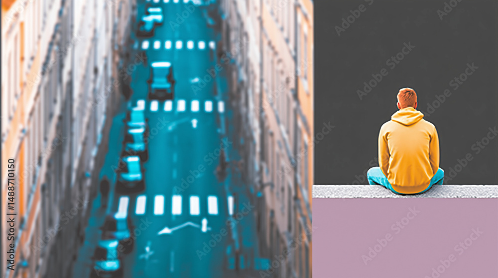 Conceptual collage of a city street view and a man in solitude