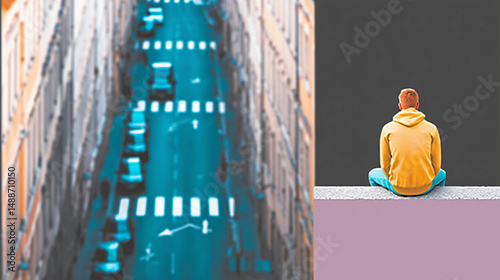 Conceptual collage of a city street view and a man in solitude