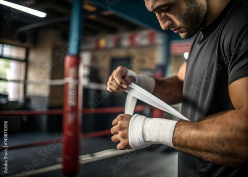 Close-up photo of male hands wrapping wrists with white sport tape, boxing preparation, gym background slightly blurred, realistic lighting, no face.