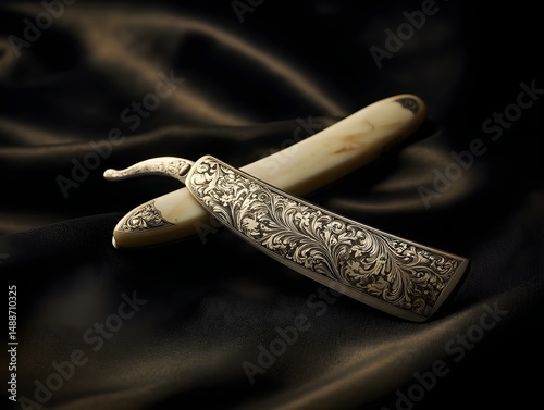 Etched ivory handled straight razor rests on velvety opaque surface showcasing refined barber craftsmanship precision