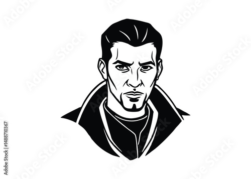Silhouette of man with piercing look isolated on a white background