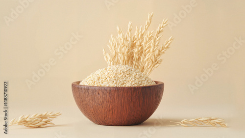 Wooden bowl filled with sesame seeds and golden grass on table  