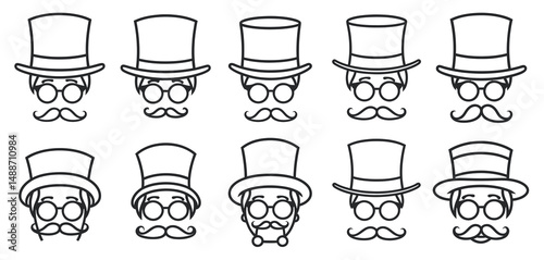 Ten Line Art Illustrations of Gentlemen with Top Hats and Mustaches