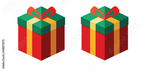 Set of different gift boxes in festive wrapping paper. Christmas Present with ribbon bow, pinecone, candy cane, winter decorations. Flat vector illustration isolated
