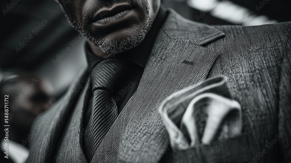 Close-up of a stylish man in a textured suit with pocket square