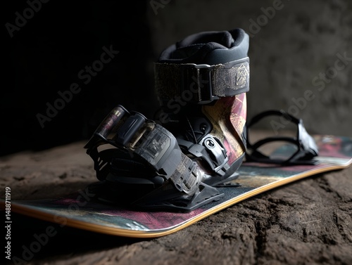 Snowboard binding mounted on textured board surface displays rugged durability precise style for winter sports