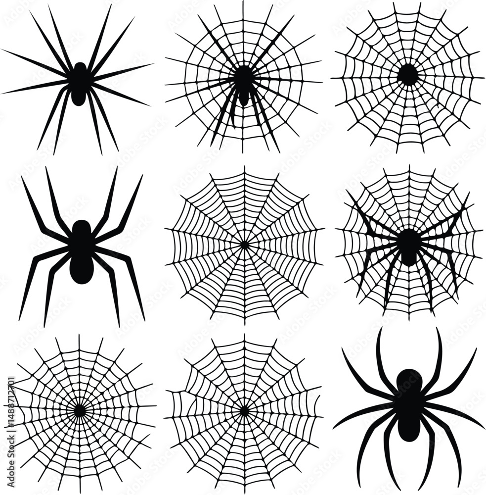 Obraz premium Spider Web Silhouette Set – Halloween Spider Net Vector Collection Creepy Spider Net Icons in Black Silhouette | Happy Halloween Design 