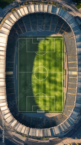Aerial view of soccer stadium with green grass field and empty seats for sports