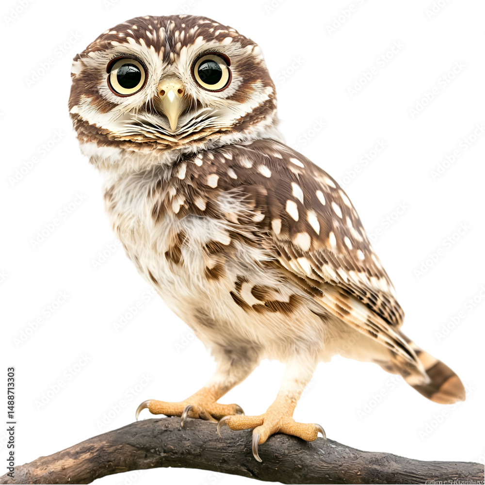 Fototapeta premium Small spotted owl with large eyes perched on branch nocturnal