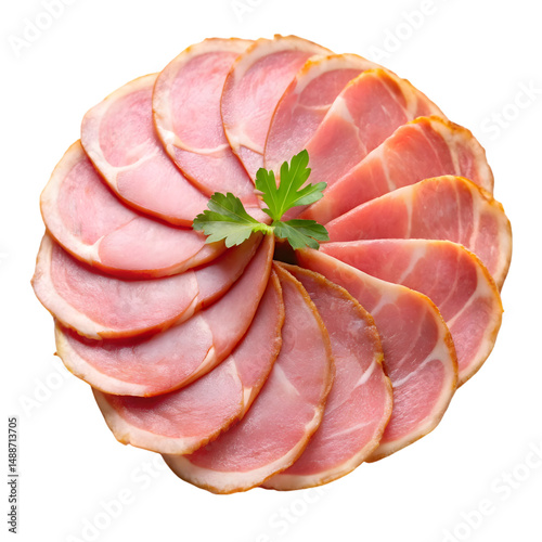 slices of ham top view isolated on transparent background