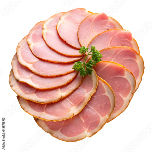 slices of ham top view isolated on transparent background