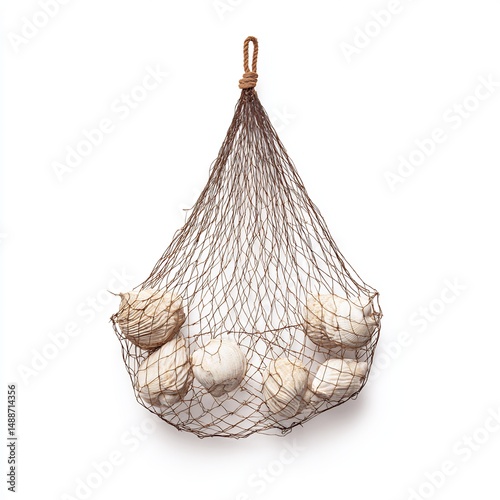 fishing net with shells caught inside on white background