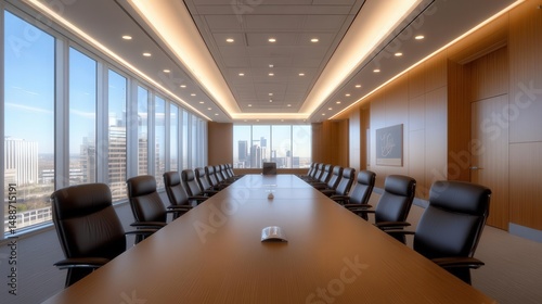 Modern conference room with large table and city view windows.