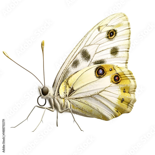White butterfly with black spots perched delicately on invisible surface