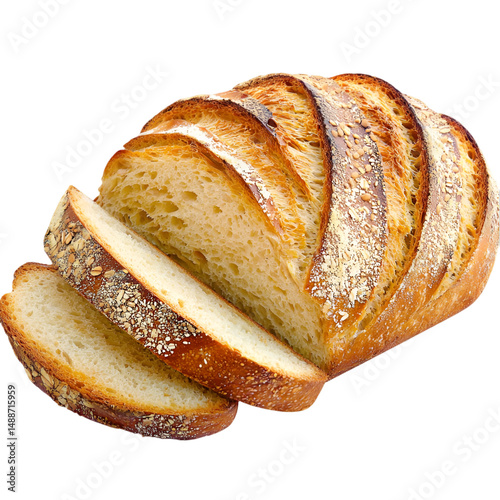 Sliced artisan bread loaf showing crust and soft interior texture