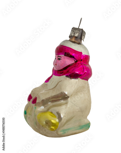 Vintage old Christmas toys on transparent background. Vintage child on a sled. Different angles.