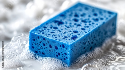 A blue sponge is actively absorbing the spilled water, showing its ability to soak up liquids