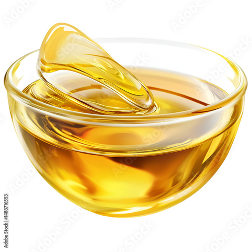 Glass bowl containing golden honey with wooden dipper stick inside