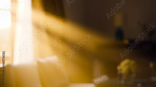 Sunlight streaming through window illuminating dust particles in a bright living room creating a warm and atmospheric glow
