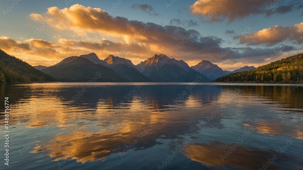 Fototapeta premium Breathtaking Sunset Over the Tranquil Lake Surrounded by Majestic Mountains and Reflecting Clouds in the Evening Sky