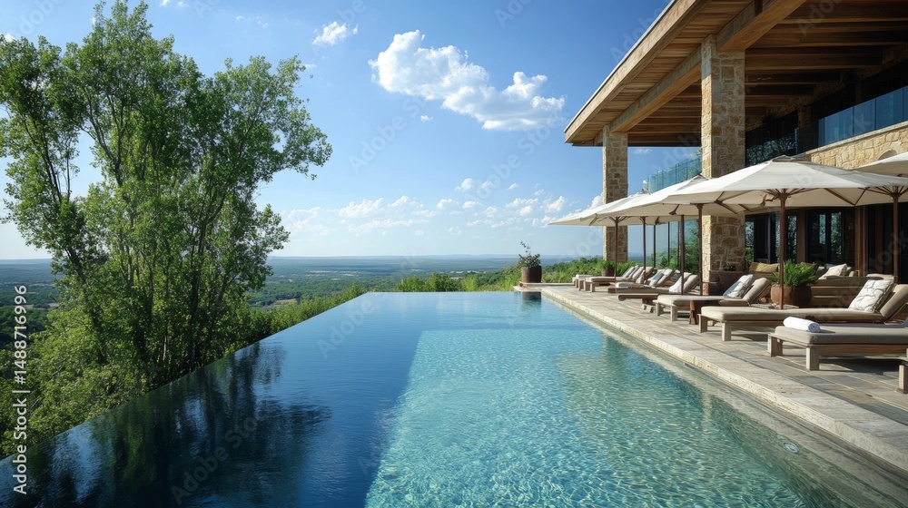 Fototapeta premium A clear sky overlooks an empty swimming pool of blue water, open patio chairs, and the picturesque green hills of Texas Hill country, embodying a tranquil day