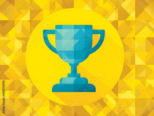 Celebrate Achievements Digitally with Turquoise Vector Trophy Icon on Geometric Yellow Backdrop for Winning Appeal