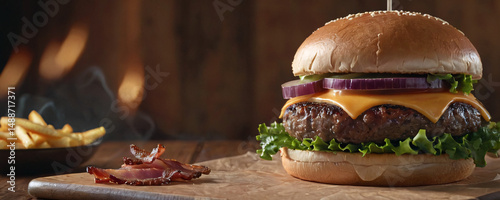 Close up Burger on Wooden Table