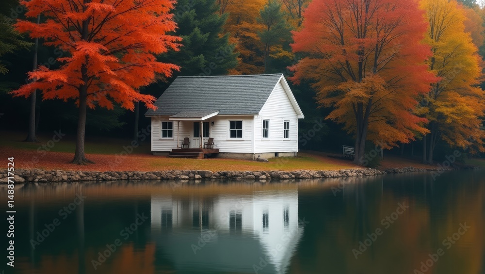 Fototapeta premium Charming White House by a Serene Lake Surrounded by Vibrant Autumn Trees in a Tranquil Forest Setting