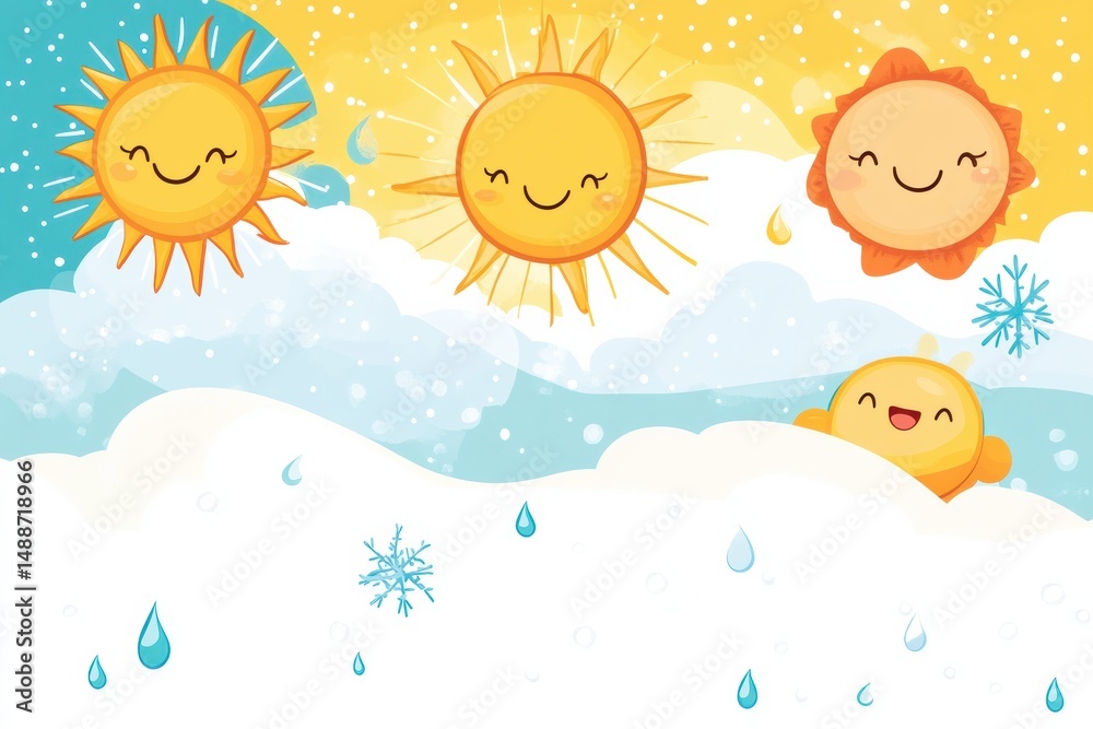 Preschool weather background with cartoon sun cloud rain snowflake smiling faces for creative writing activities and thematic lessons Preschool weather background with cartoon sun cloud rain snowflake smiling faces for creative writing activities and thematic lessons