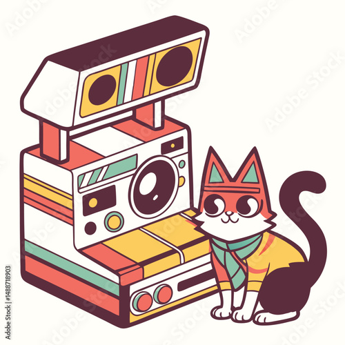 retro film camera with a pixel cat vector 