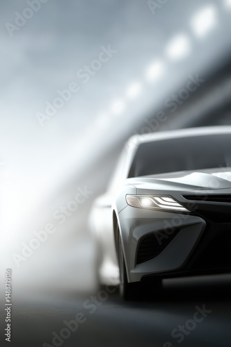 sleek racing car poised at starting line emphasizing elegant curves of hood in soft diffused light