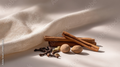 cozy christmas scene featuring aromatic spices like cinnamon nutmeg and cloves arranged beautifully on light