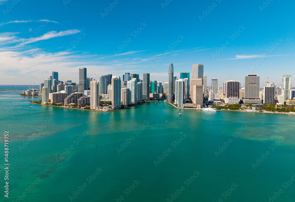 Fototapeta premium Miami skyline. Miami skyscraper cityscape. Miami city skyline view of Brickell key. Miami downtown. Skyscraper building. Cityscape building downtown. Travel destination. City architecture
